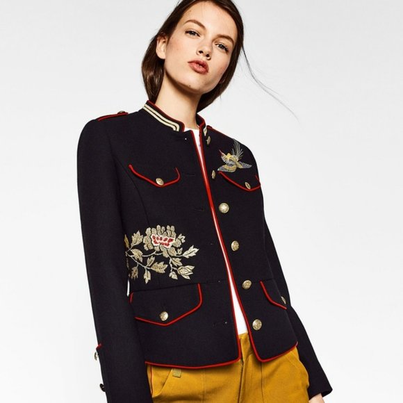 NWT Zara Trafaluc Military Style Embroidered Mandarin collar Blazer. M - Picture 12 of 14